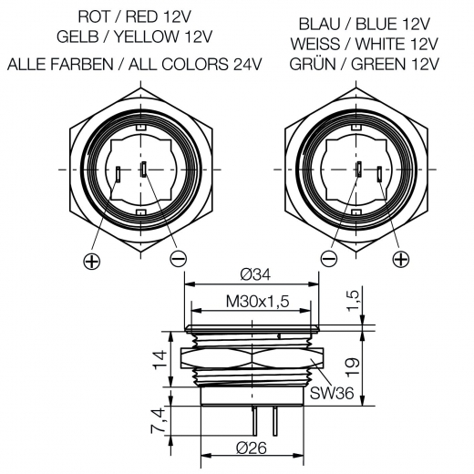 LED-Leuchte Ø30mm GRÜN, 12V DC (AC), IP67